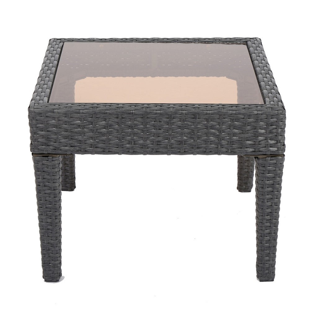 Benjara Annie Outdoor Square Accent Table, Tempered Glass, 20 Inch Gray Wicker