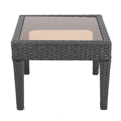 Benjara Annie Outdoor Square Accent Table, Tempered Glass, 20 Inch Gray Wicker