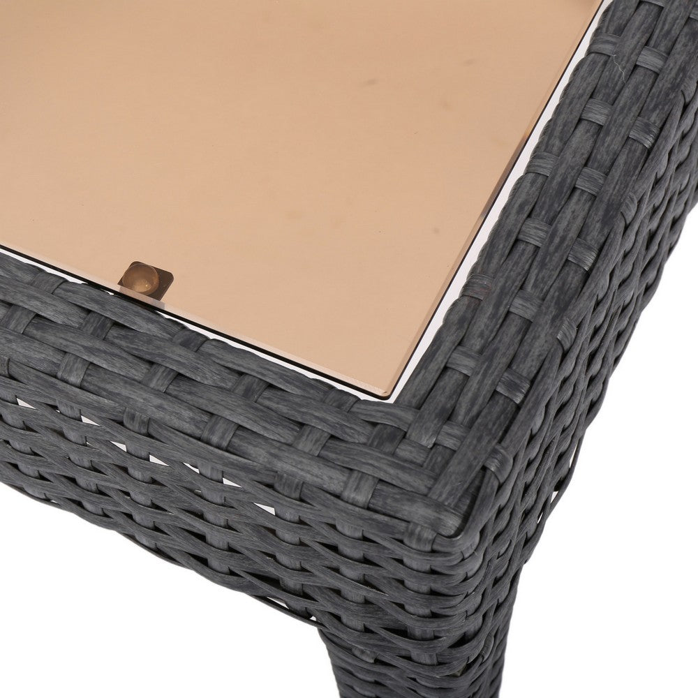Benjara Annie Outdoor Square Accent Table, Tempered Glass, 20 Inch Gray Wicker