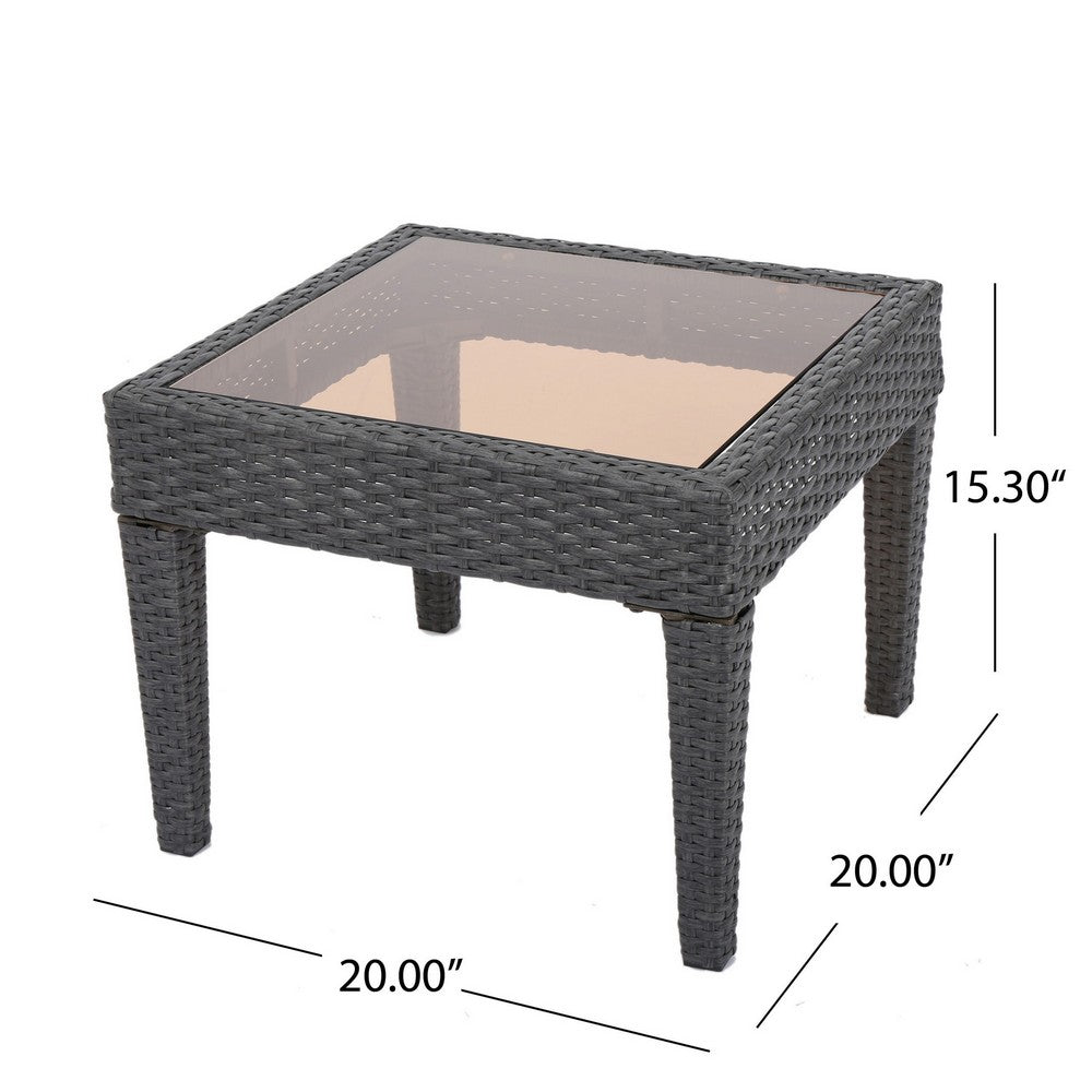 Benjara Annie Outdoor Square Accent Table, Tempered Glass, 20 Inch Gray Wicker