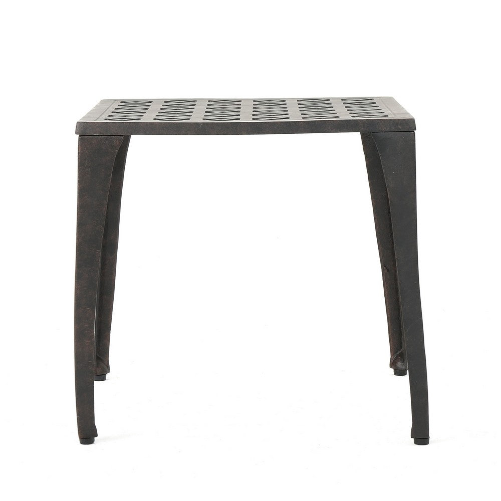 Benjara Outdoor Side Table, Open Cut Out Top And Curved Legs, 18 Inch Bronze