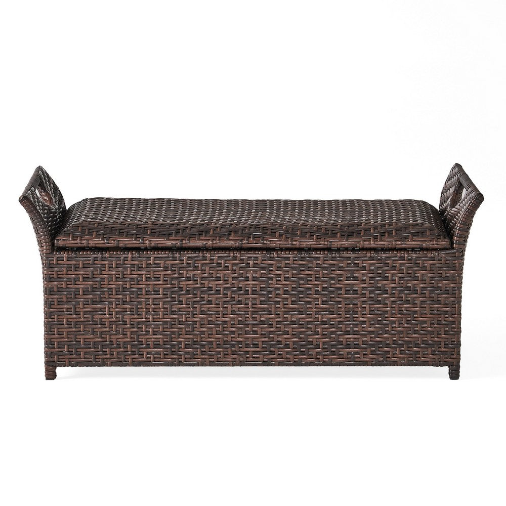 Benjara Outdoor Bench with Hinged Lid Storage, 42 Inch Dark Brown PE Rattan