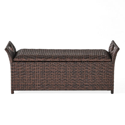 Benjara Outdoor Bench with Hinged Lid Storage, 42 Inch Dark Brown PE Rattan