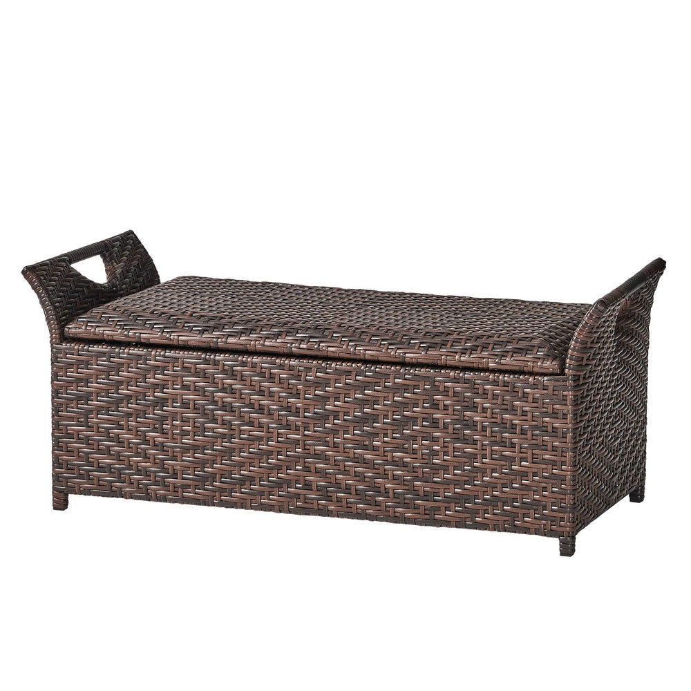 Benjara Outdoor Bench with Hinged Lid Storage, 42 Inch Dark Brown PE Rattan