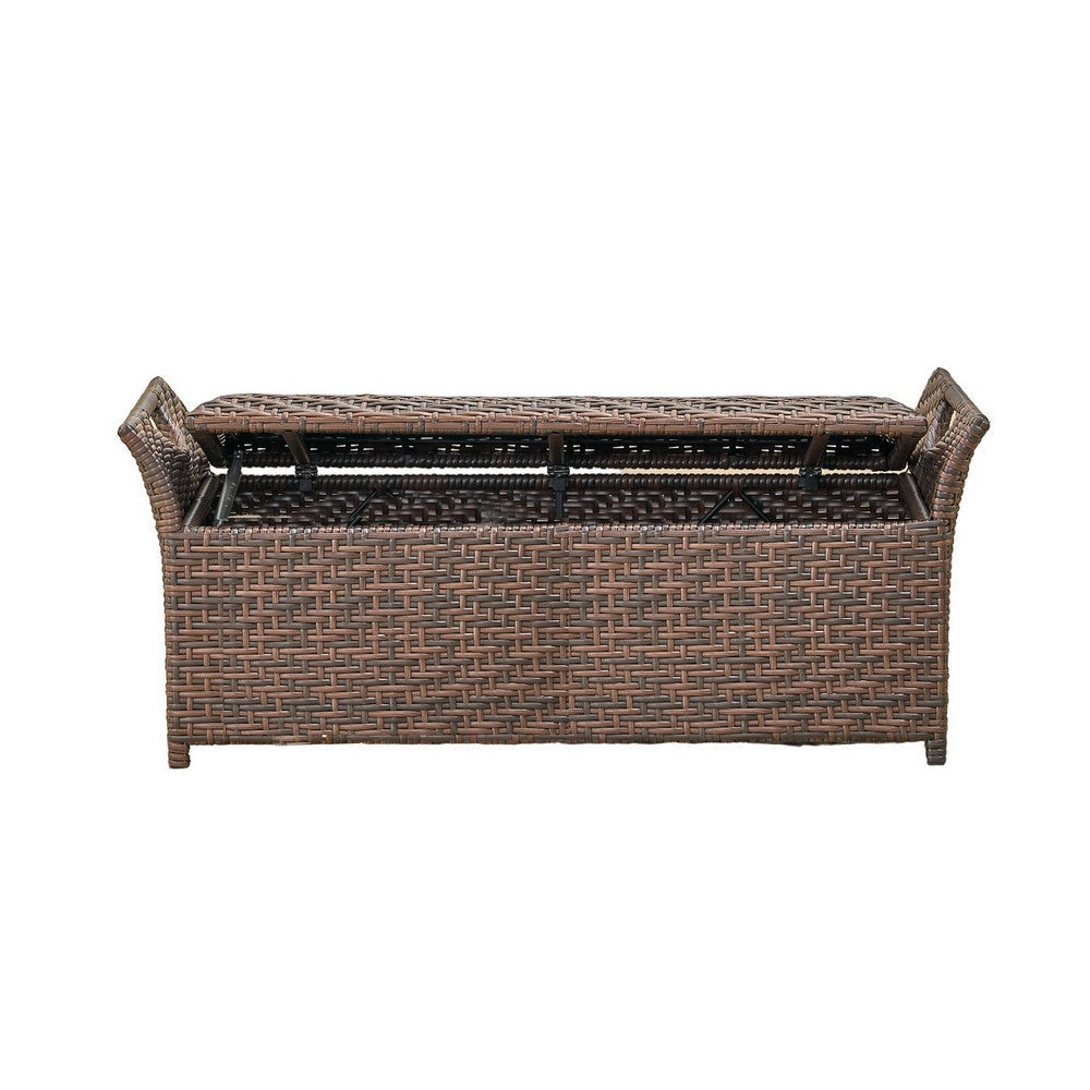 Benjara Outdoor Bench with Hinged Lid Storage, 42 Inch Dark Brown PE Rattan