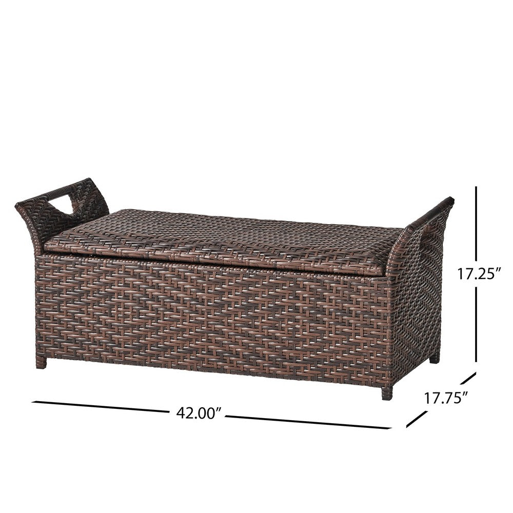 Benjara Outdoor Bench with Hinged Lid Storage, 42 Inch Dark Brown PE Rattan