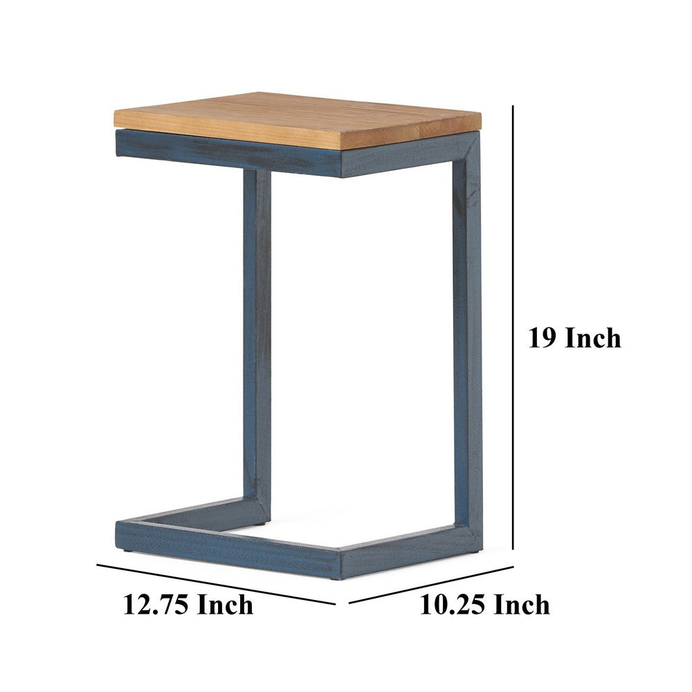 Benjara Small Accent End Table, 13 Inch, C Shaped Iron Legs, Black, Brown Wood