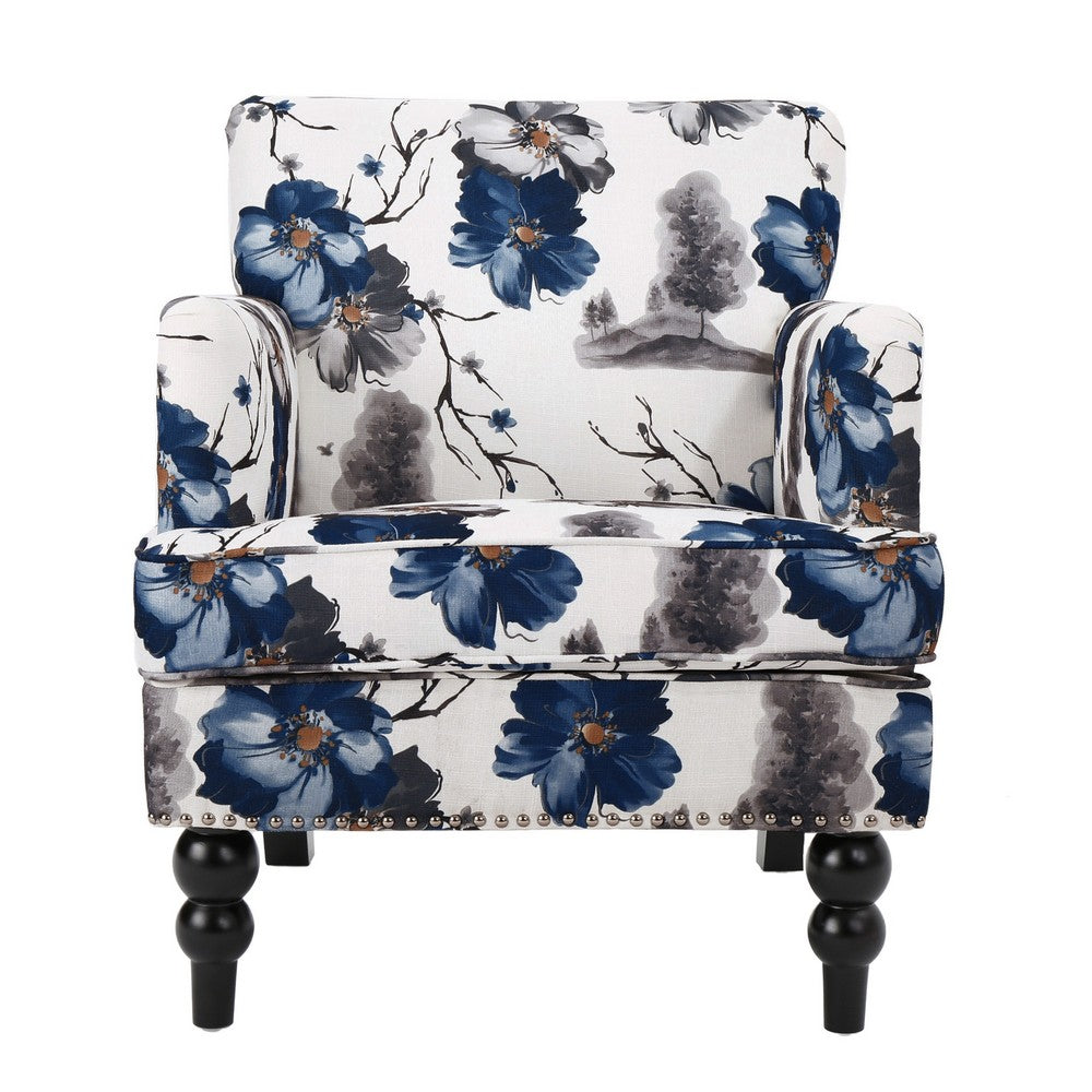 Benjara Lit Accent Chair, Button Tufted Floral White Blue Print, Multicolor