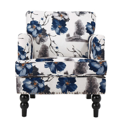 Benjara Lit Accent Chair, Button Tufted Floral White Blue Print, Multicolor