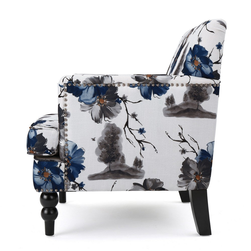 Benjara Lit Accent Chair, Button Tufted Floral White Blue Print, Multicolor