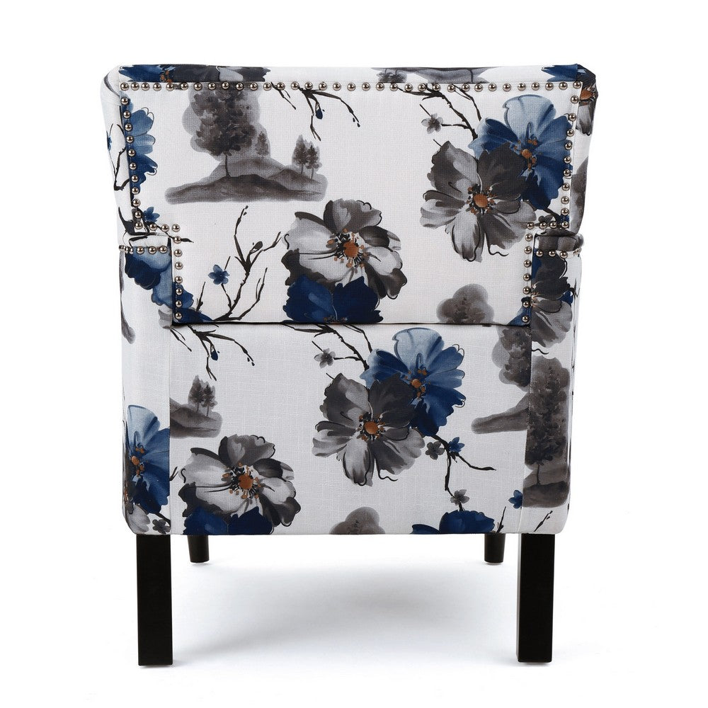 Benjara Lit Accent Chair, Button Tufted Floral White Blue Print, Multicolor