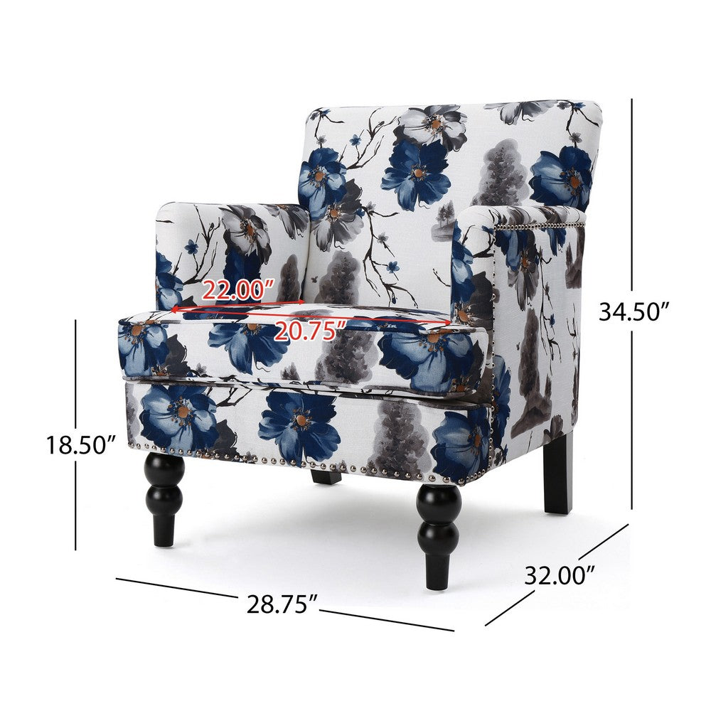 Benjara Lit Accent Chair, Button Tufted Floral White Blue Print, Multicolor