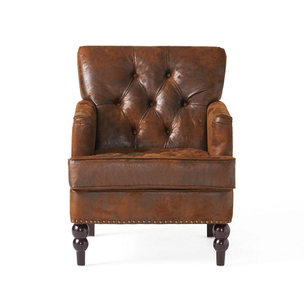 Benjara Lit Accent Chair with Classic Brown Button Tufted Microfiber Design