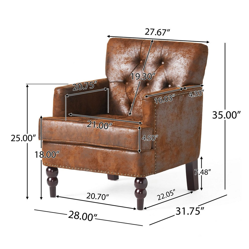 Benjara Lit Accent Chair with Classic Brown Button Tufted Microfiber Design