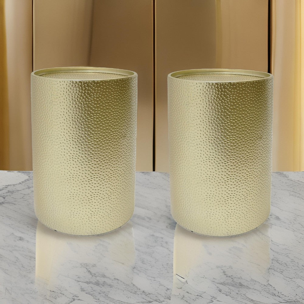 Benjara Bet Side End Table Set of 2, 16 Inch Round Tray, Modern Hammered Gold