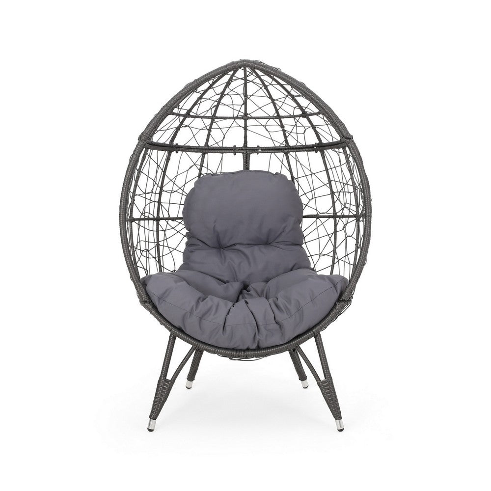 Benjara Fam Outdoor Accent Chair, Cocoon Egg Shaped, Abstract Gray PE Rattan