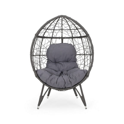 Benjara Fam Outdoor Accent Chair, Cocoon Egg Shaped, Abstract Gray PE Rattan