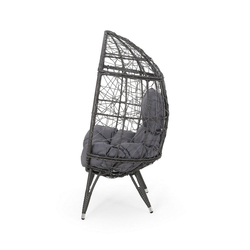 Benjara Fam Outdoor Accent Chair, Cocoon Egg Shaped, Abstract Gray PE Rattan