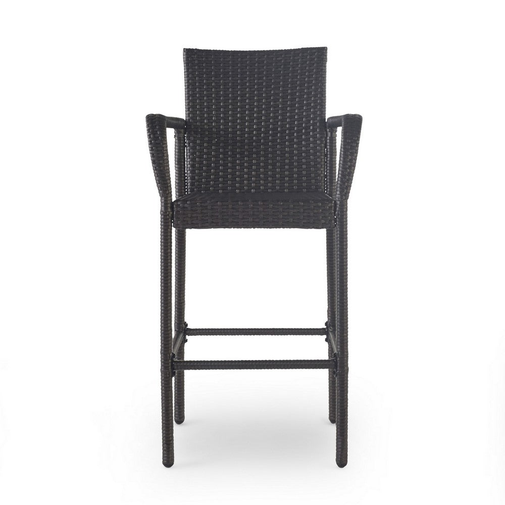 Benjara Outdoor Barstool Chair Set of 2, Gray PE Rattan Woven, Iron Frame