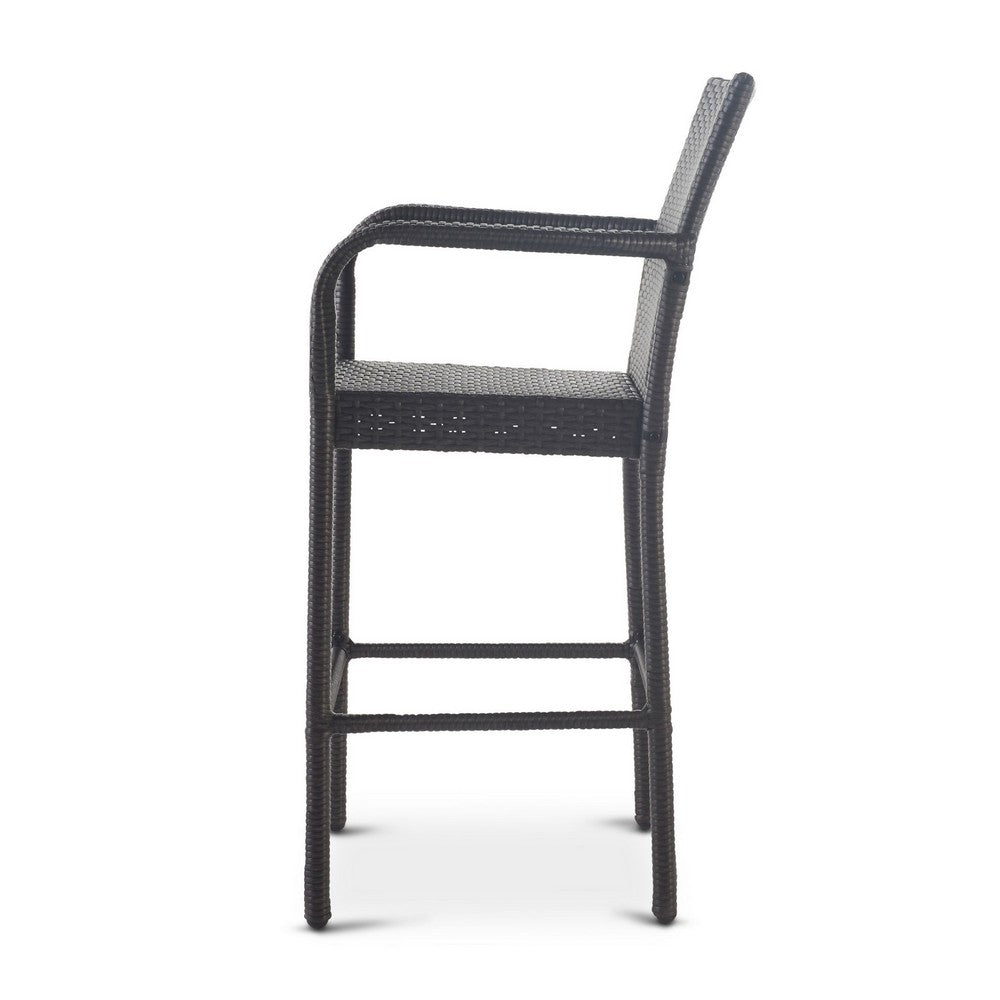 Benjara Outdoor Barstool Chair Set of 2, Gray PE Rattan Woven, Iron Frame