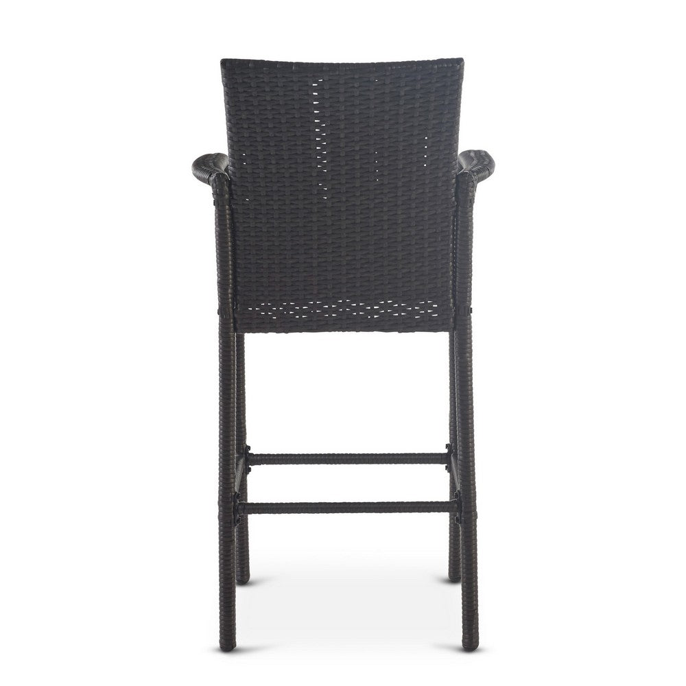 Benjara Outdoor Barstool Chair Set of 2, Gray PE Rattan Woven, Iron Frame