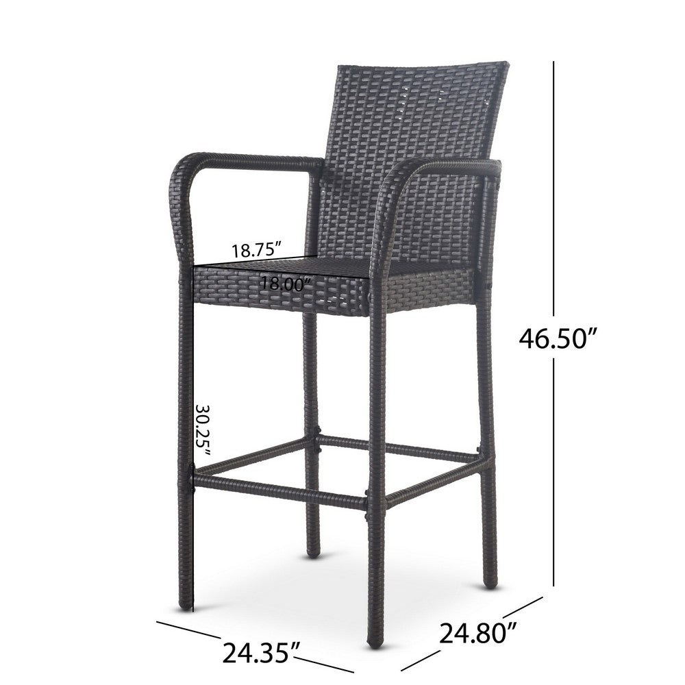 Benjara Outdoor Barstool Chair Set of 2, Gray PE Rattan Woven, Iron Frame