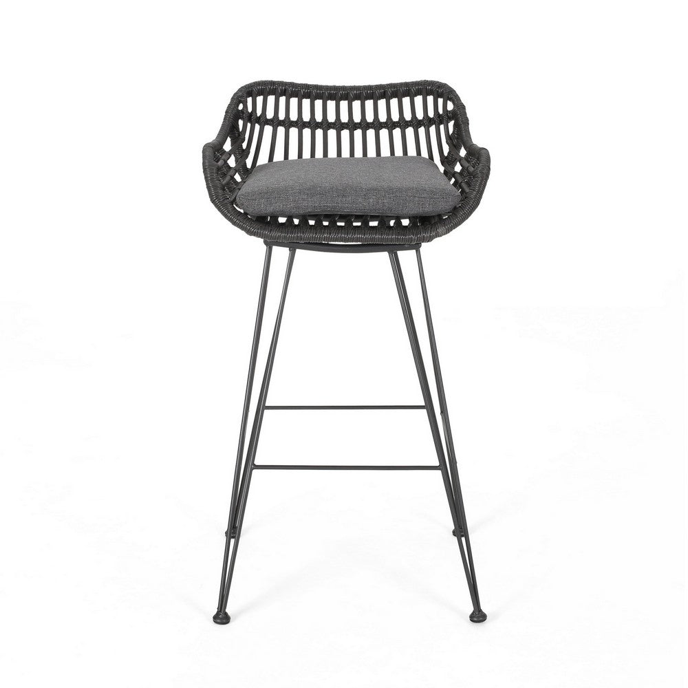 Benjara Outdoor Barstool Chair Set of 2, Low Back Woven Design, Gray And Black
