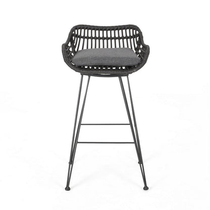 Benjara Outdoor Barstool Chair Set of 2, Low Back Woven Design, Gray And Black