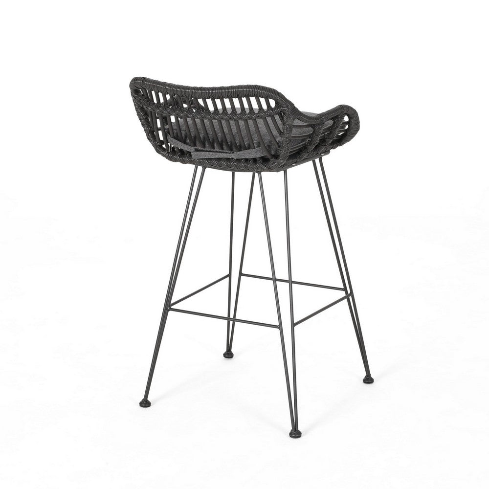 Benjara Outdoor Barstool Chair Set of 2, Low Back Woven Design, Gray And Black