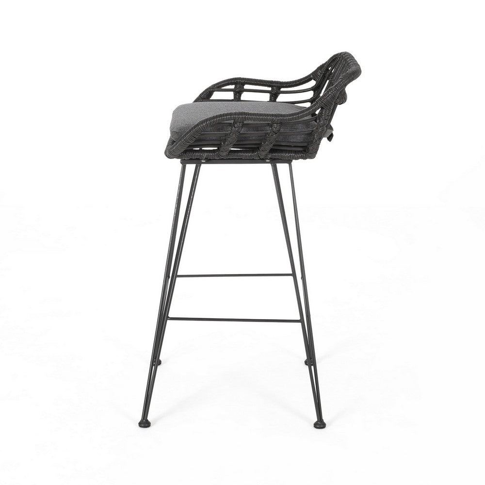 Benjara Outdoor Barstool Chair Set of 2, Low Back Woven Design, Gray And Black
