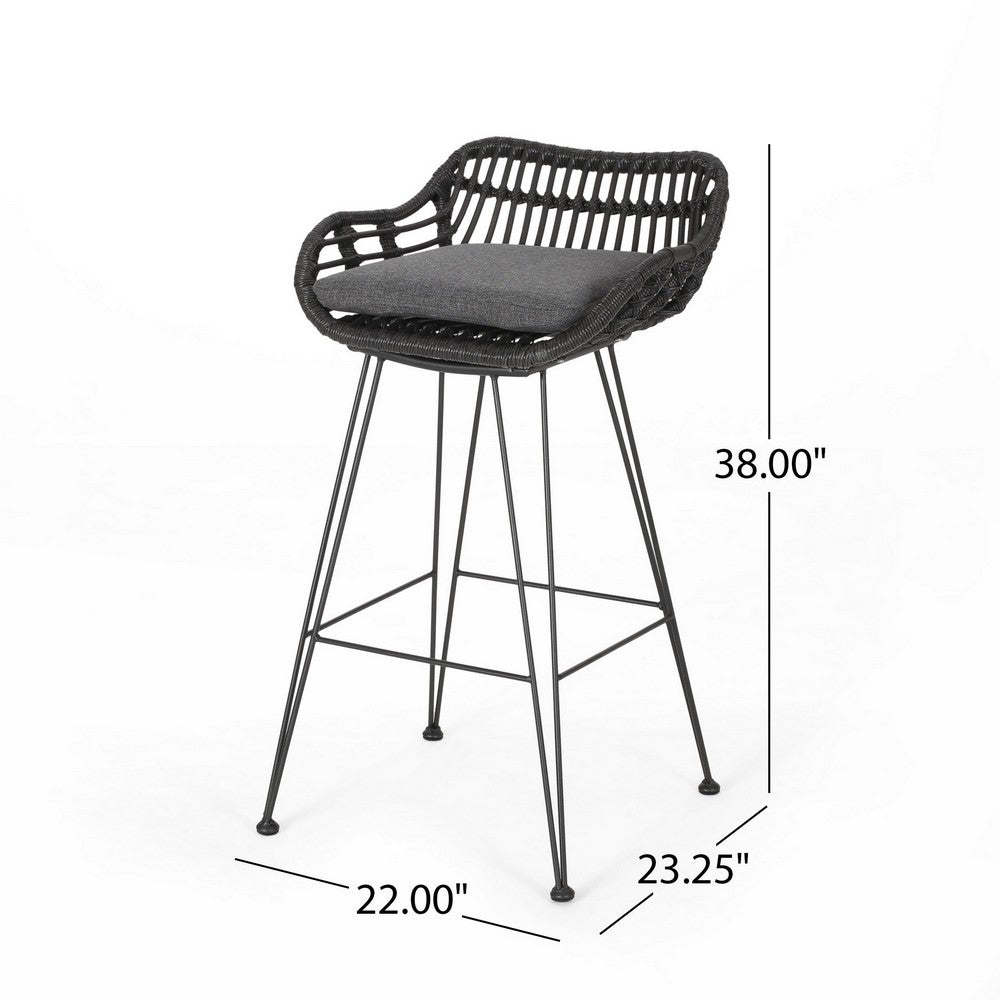 Benjara Outdoor Barstool Chair Set of 2, Low Back Woven Design, Gray And Black