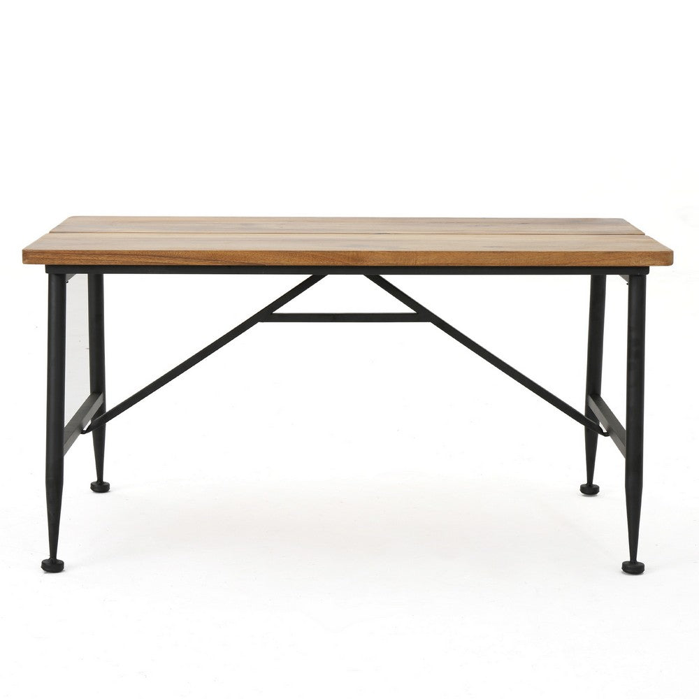Benjara Cala Outdoor Coffee Table, 36 Inch Brown Acacia Wood, Black Metal
