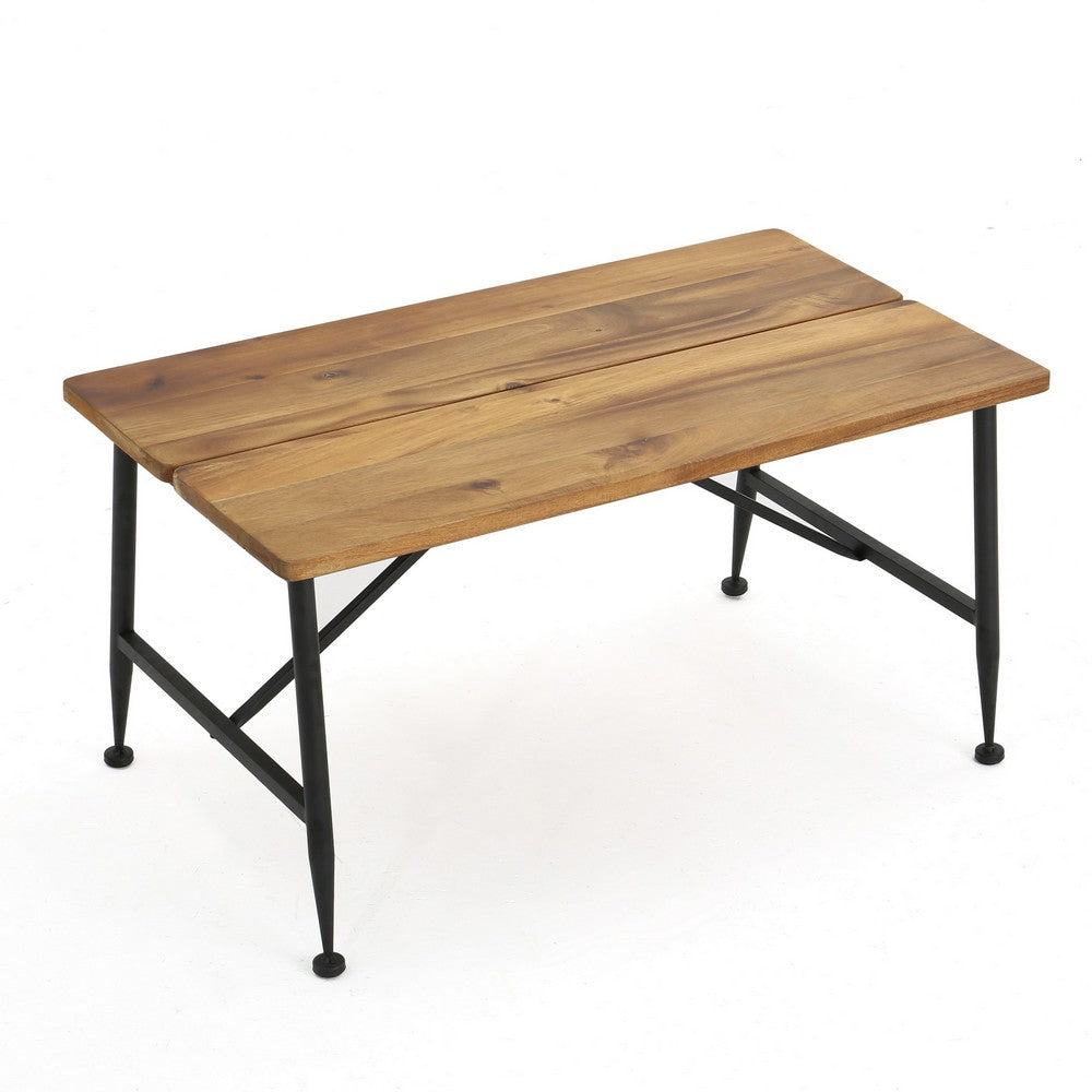 Benjara Cala Outdoor Coffee Table, 36 Inch Brown Acacia Wood, Black Metal