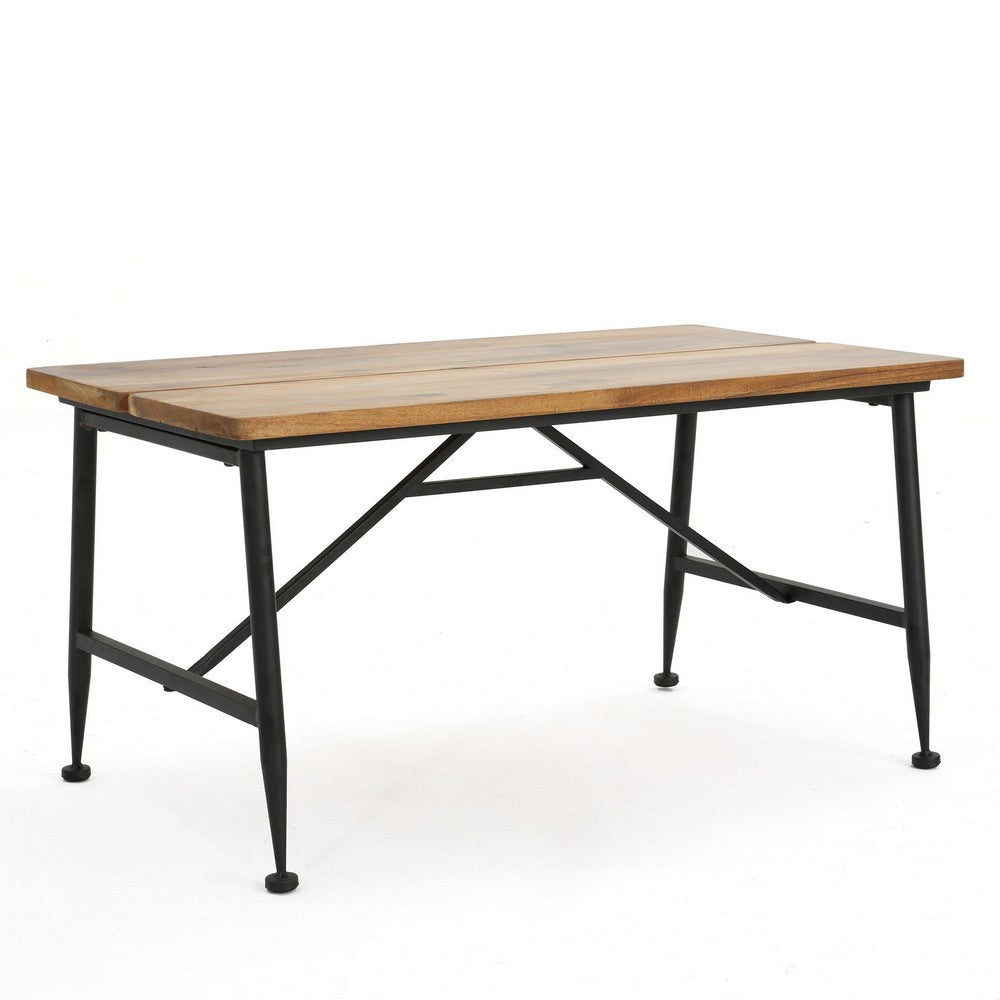 Benjara Cala Outdoor Coffee Table, 36 Inch Brown Acacia Wood, Black Metal