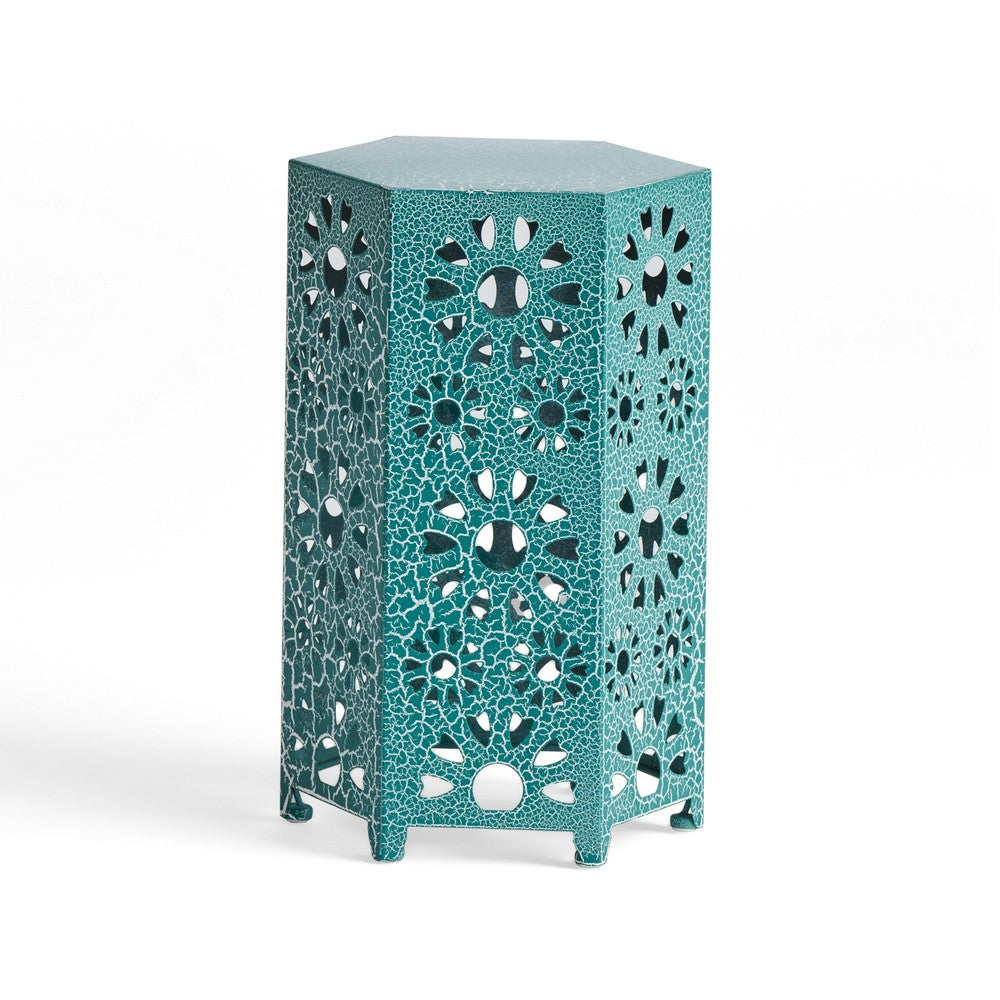 Benjara Liana Outdoor Side End Table, Flower Cutout, 12 Inch Top, Teal Blue