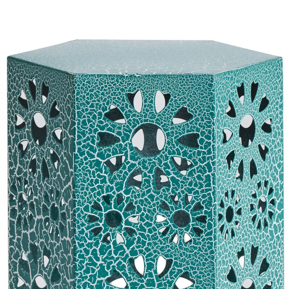 Benjara Liana Outdoor Side End Table, Flower Cutout, 12 Inch Top, Teal Blue