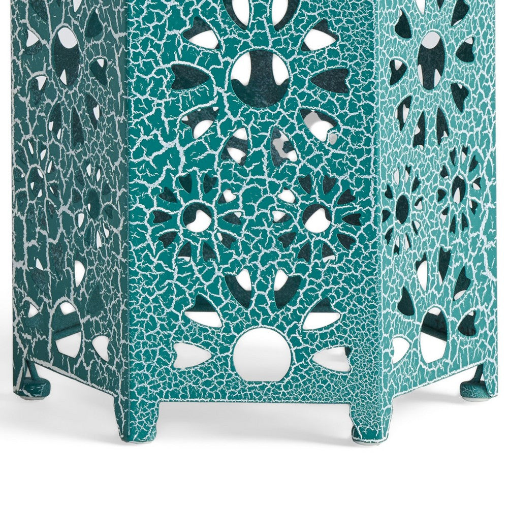 Benjara Liana Outdoor Side End Table, Flower Cutout, 12 Inch Top, Teal Blue