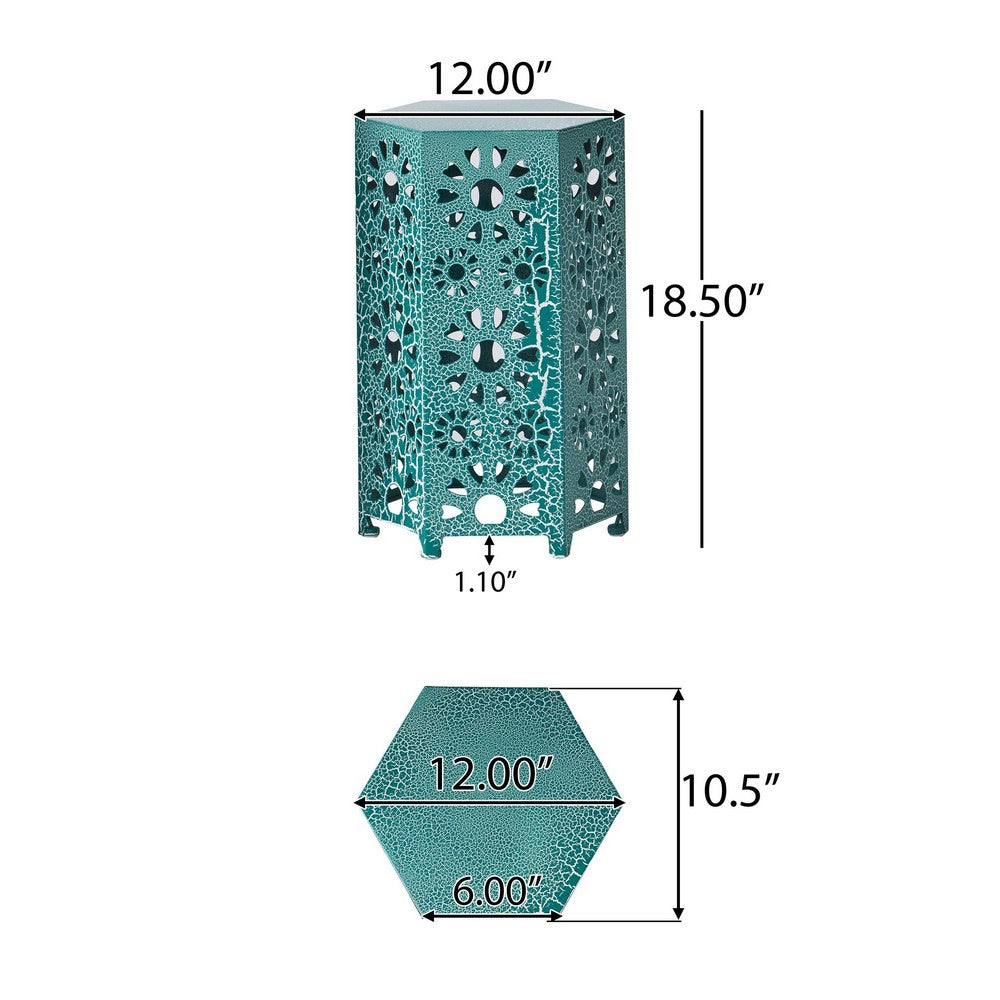 Benjara Liana Outdoor Side End Table, Flower Cutout, 12 Inch Top, Teal Blue