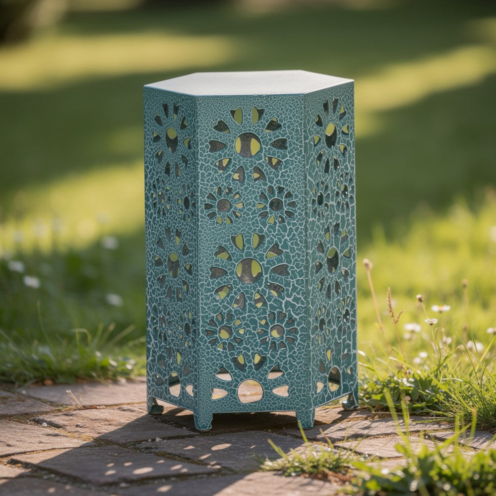 Benjara Liana Outdoor Side End Table, Flower Cutout, 12 Inch Top, Teal Blue