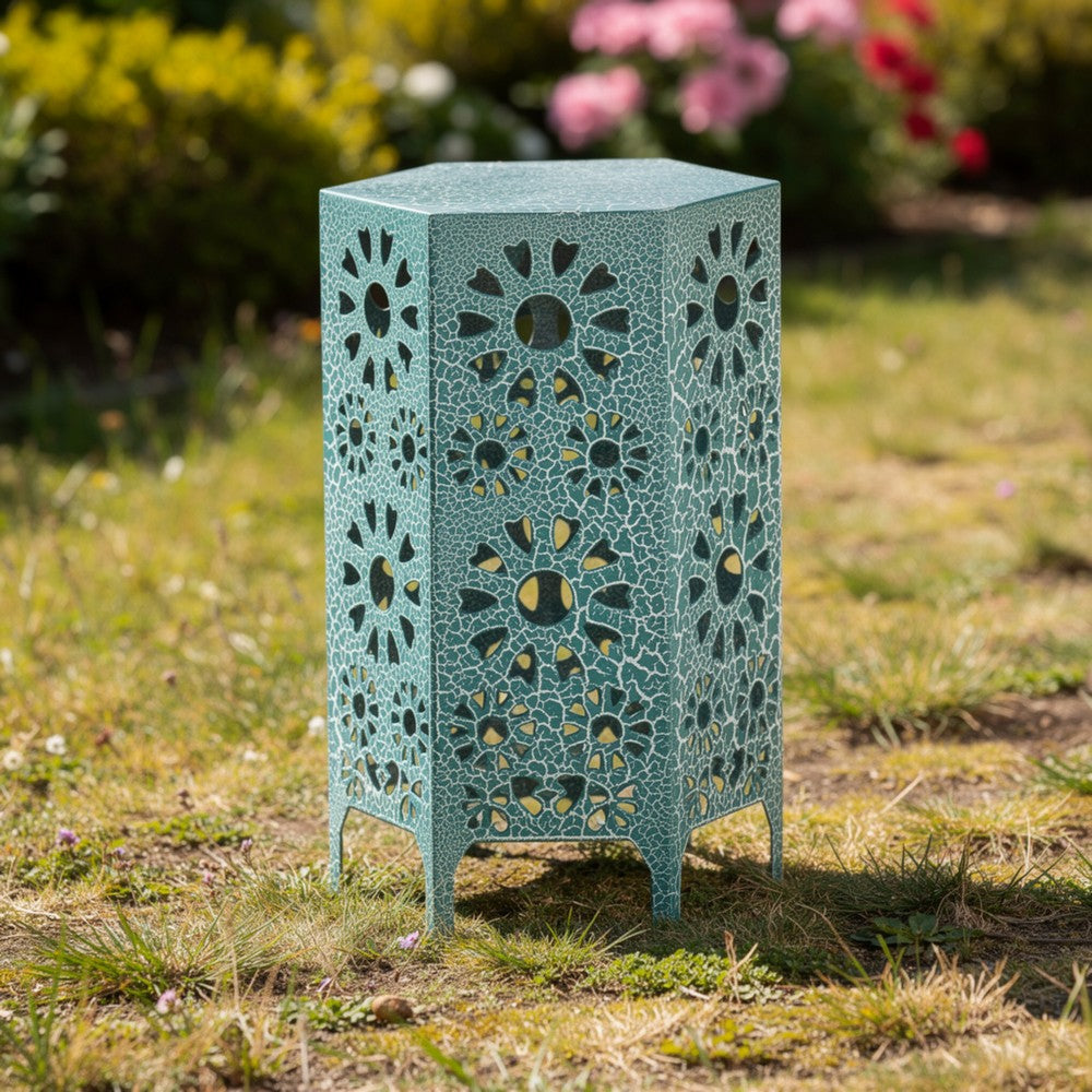 Benjara Liana Outdoor Side End Table, Flower Cutout, 12 Inch Top, Teal Blue