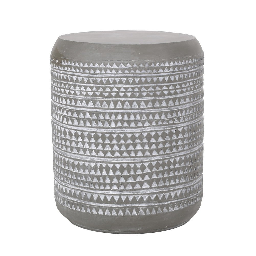 Benjara Outdoor End Table, 16 Inch Round Gray Faux Concrete w White Pattern