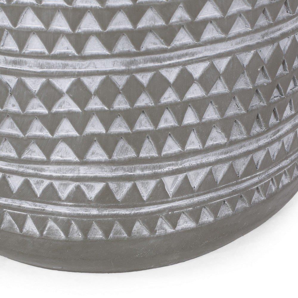 Benjara Outdoor End Table, 16 Inch Round Gray Faux Concrete w White Pattern