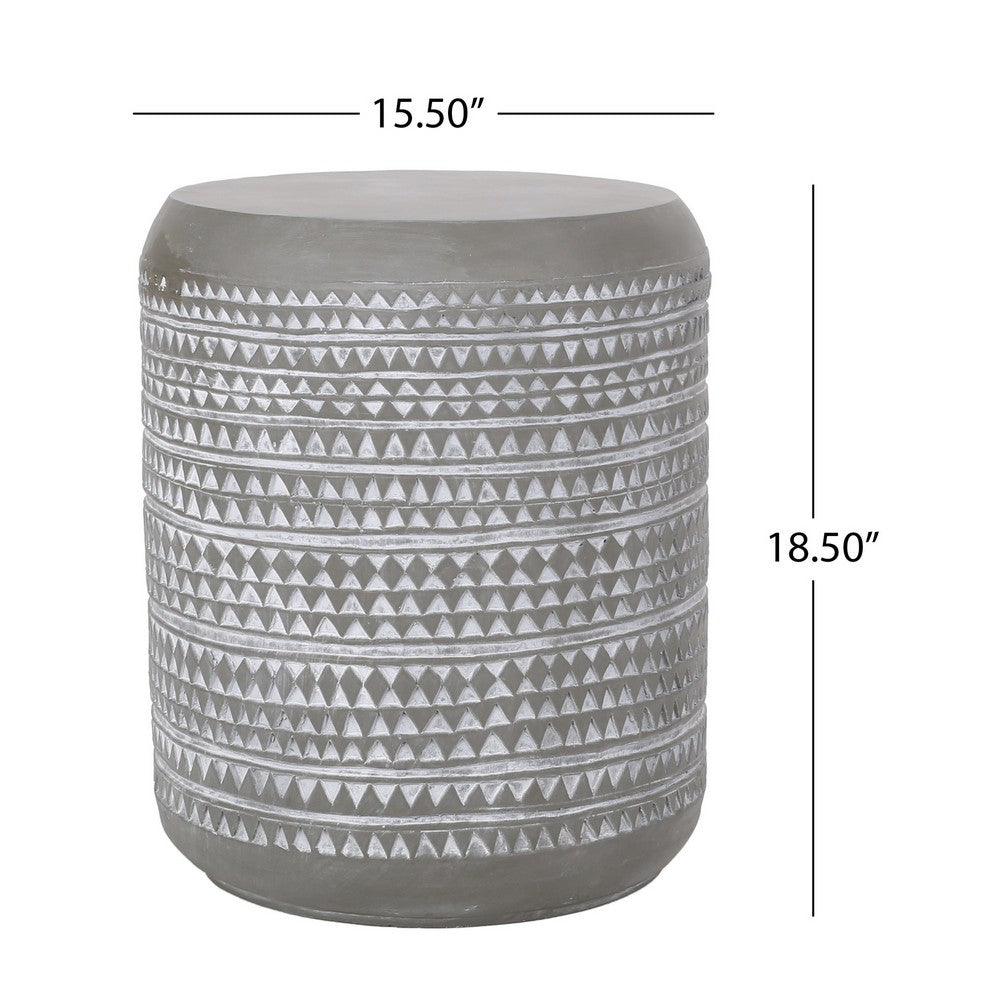 Benjara Outdoor End Table, 16 Inch Round Gray Faux Concrete w White Pattern