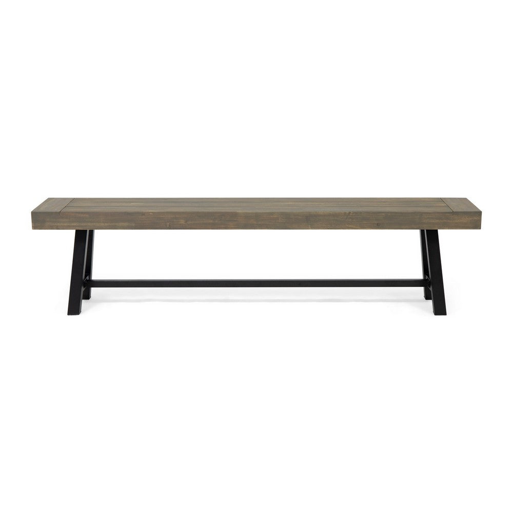 Benjara Leslee Outdoor Dining Bench, 74 Inch, Black Trestle Legs, Gray Wood