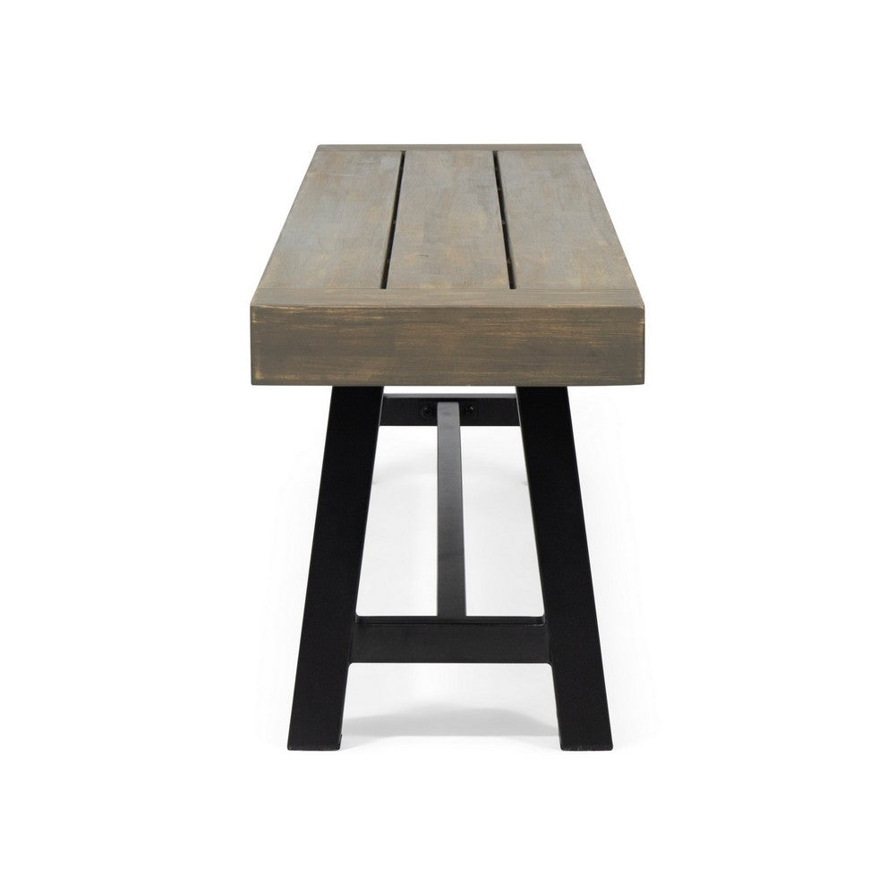 Benjara Leslee Outdoor Dining Bench, 74 Inch, Black Trestle Legs, Gray Wood