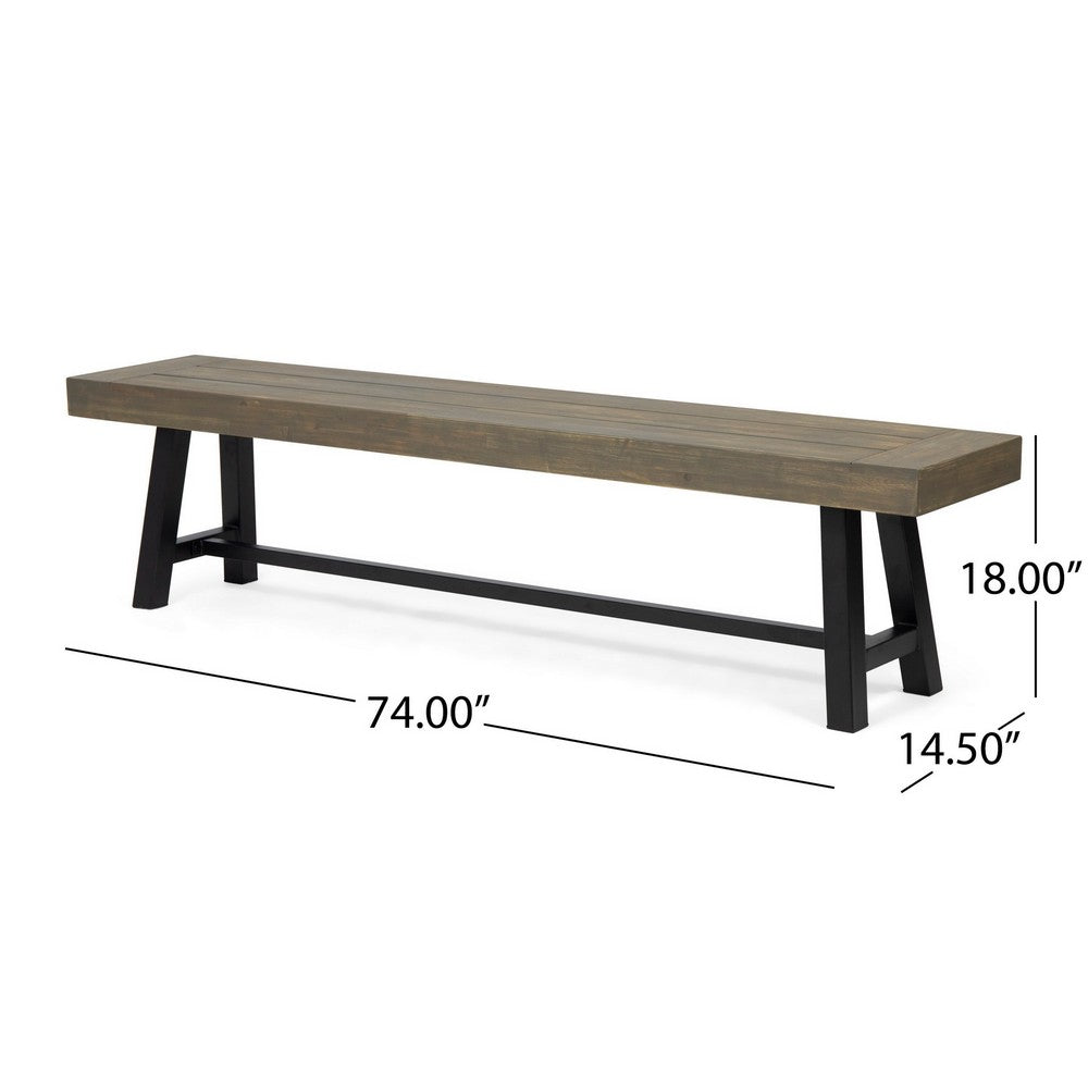 Benjara Leslee Outdoor Dining Bench, 74 Inch, Black Trestle Legs, Gray Wood