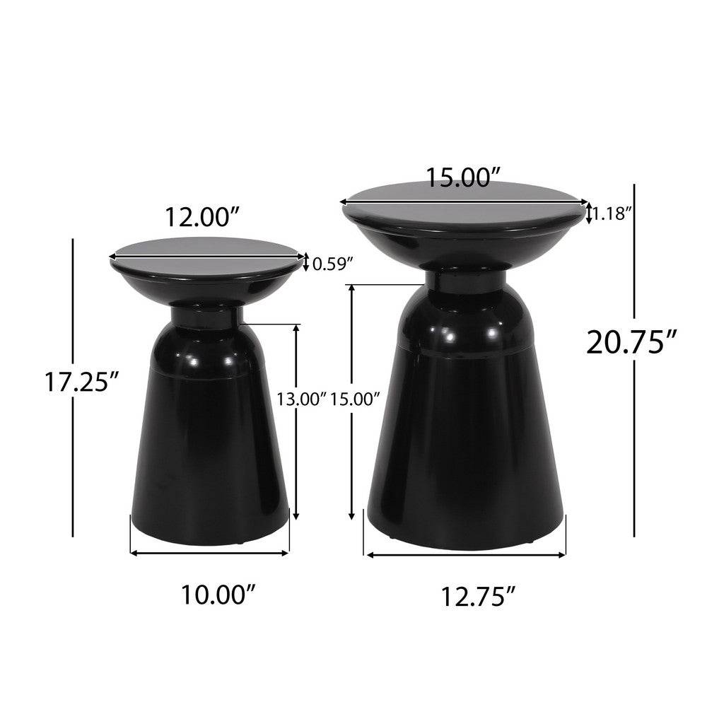 Benjara Side End Table Set of 2, Round Taper Top, Pedestal Base, Black Metal