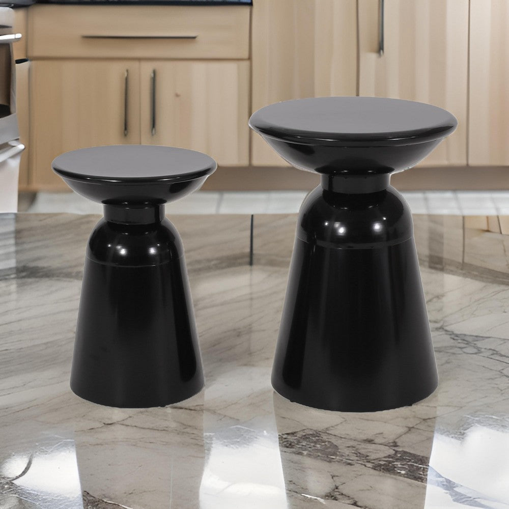 Benjara Side End Table Set of 2, Round Taper Top, Pedestal Base, Black Metal