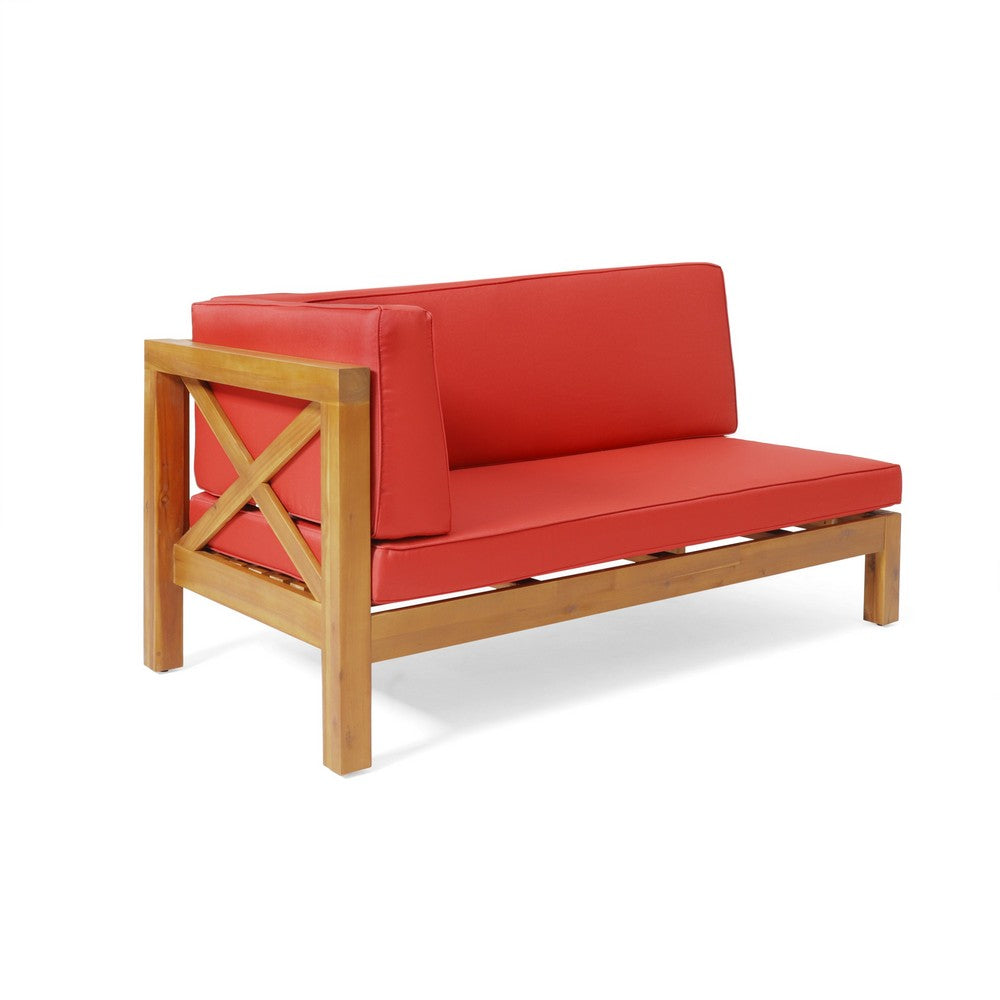 Benjara Juna Outdoor Left Arm Bench, Cross-Back Open Slat, Red, Acacia Wood