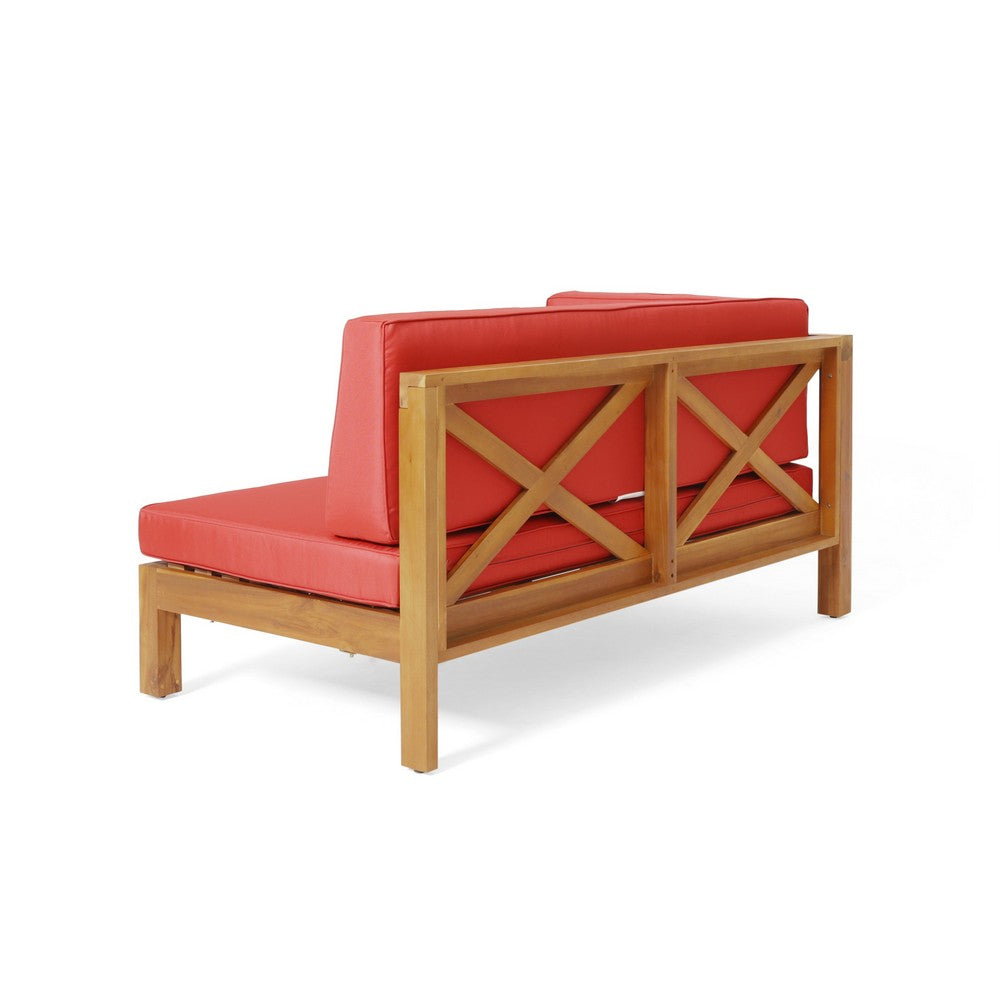 Benjara Juna Outdoor Left Arm Bench, Cross-Back Open Slat, Red, Acacia Wood